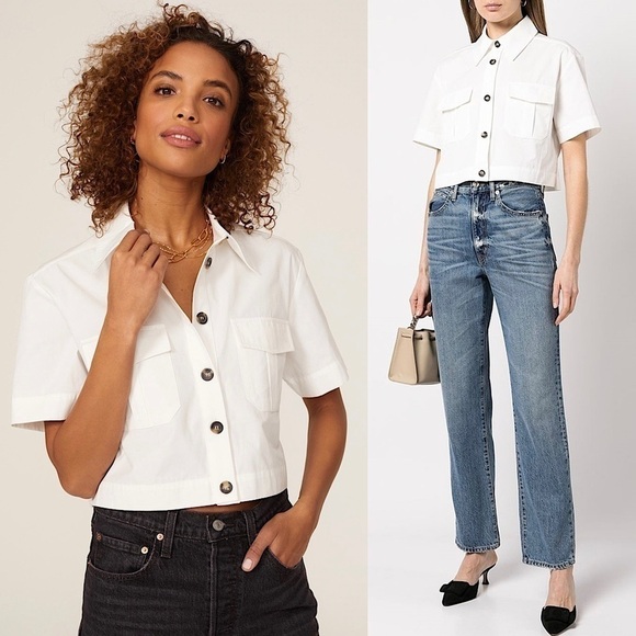 ANINE BING 90s Short Sleeve Cotton Poplin Button Up Crop Utility Camp Shirt XS - Picture 1 of 16